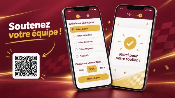 participer Parcours mobile permettant de choisir une équipe et d’effectuer un don depuis son téléphone.