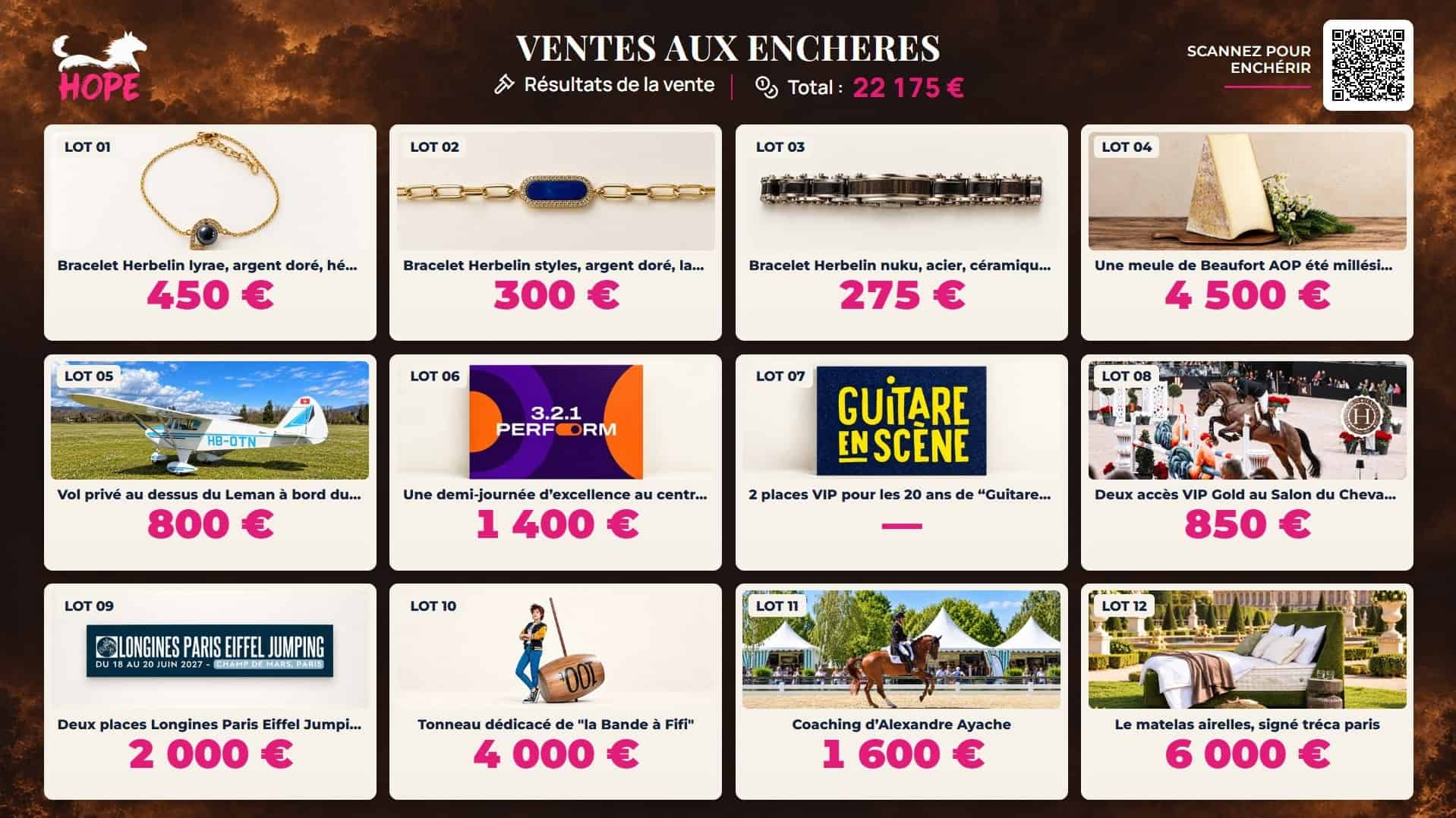 Wall Charitywall des enchères silencieuses du gala HOPE : lots et résultats, identités des enchérisseurs masquées